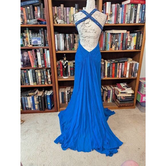 Cache Women's Size 4 Silk Blue Embellished Sequin Maxi Dress Gown Prom Wedding - Picture 3 of 9